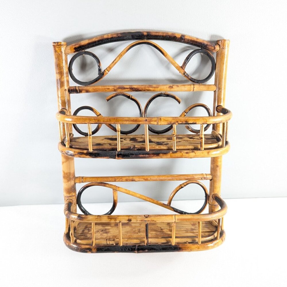 Small 1970s Tortoise Bamboo Wall Shelf, 2 tiered Hollywood Regency burnt bamboo